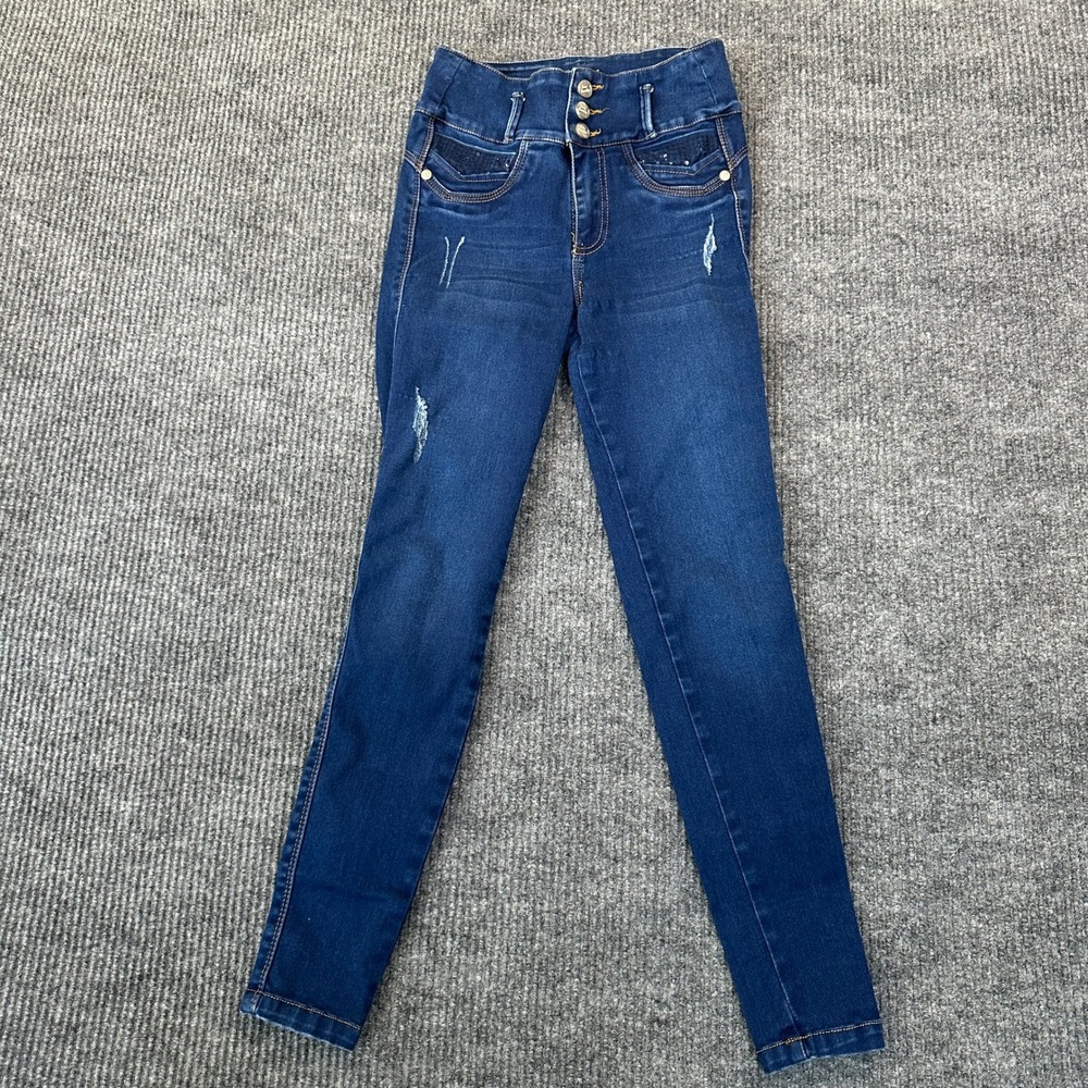 Bon Bon Up Womens High Rise Skinny Jeans Size 5 Blue Distressed Sequin Accent